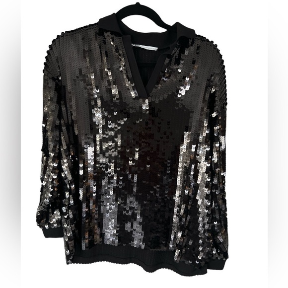 Zara Black Sequined Knit Polo Top - Picture 1 of 9